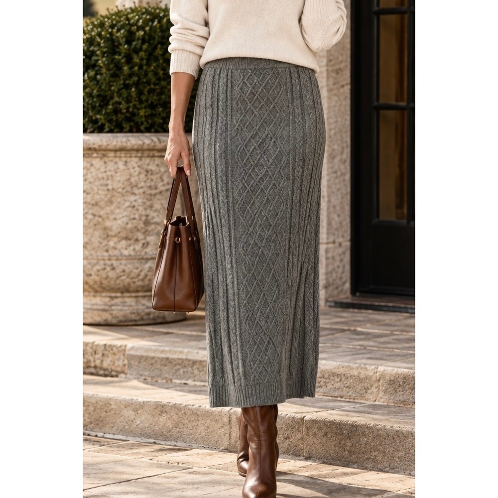 Lauren Ralph Lauren Grey Wool Cashmere Cable Knit Maxi Skirt Large L